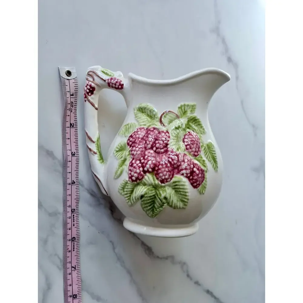 Vintage 1970s Ceramic Raspberry Pitcher | Majolica Style Fruit Design